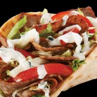 Gyro · Gyro meat with lettuce, tomato, onion, and tzatziki sauce wrapped in a warm pita. 431 cal.