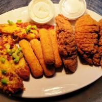 Appetizer Combo · Three chicken tenders, three potato skins and four mozzarella sticks. Served with ranch and ...