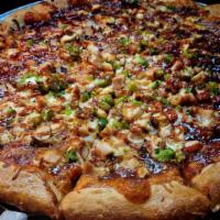 Large Bbq Chicken Pizza · Grilled chicken, mozzarella cheese blend, green peppers, red onions, BBQ sauce