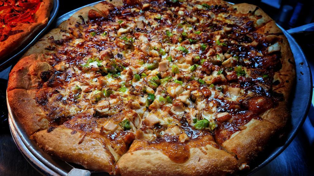 Large Bbq Chicken Pizza · Grilled chicken, mozzarella cheese blend, green peppers, red onions, BBQ sauce
