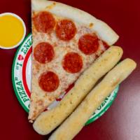 Combo 2 · 1  slice with 1 topping, 2 breads ticks, and 21 oz. Drink, and choice of cheese and garlic, ...