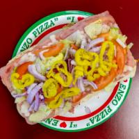 Italian Sub · ham,salami and mozzarella topped with lettuce,tomatoes,onions and banana peppers with a side...