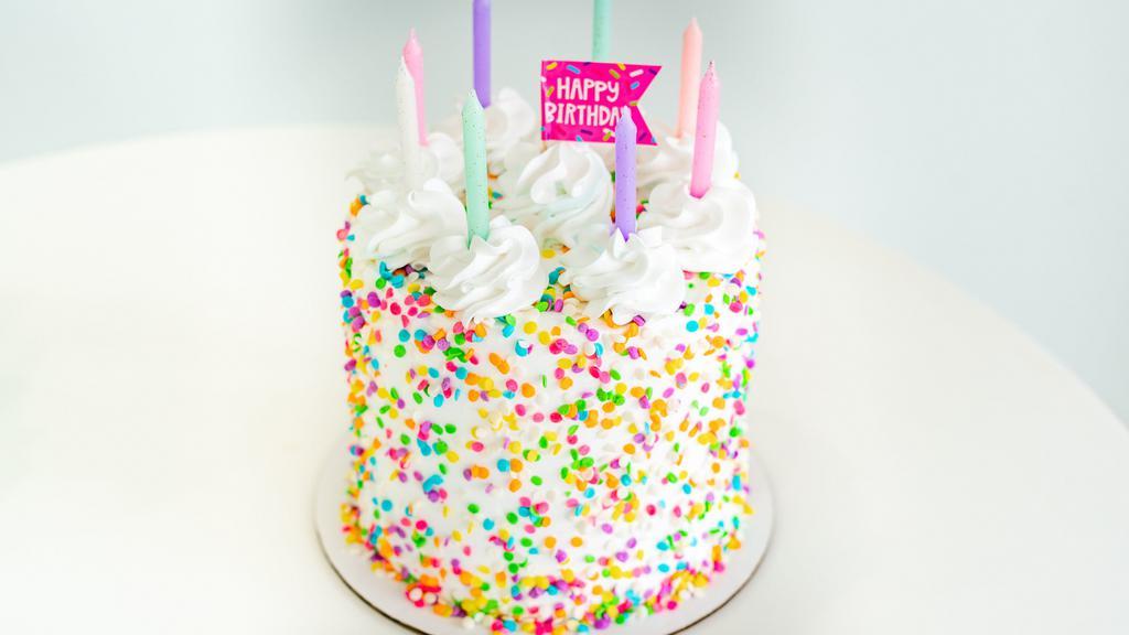 Birthday/Funfetti Cake · 6-inch Funfetti cake with vanilla whipped cream filling. Topped with sprinkles and candles. Serves 8-10.