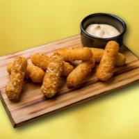 Cheesy Mozzarella Strips (8 Pcs) · Cheese coated in seasoned breadcrumbs, then deep fried until golden brown and crispy.