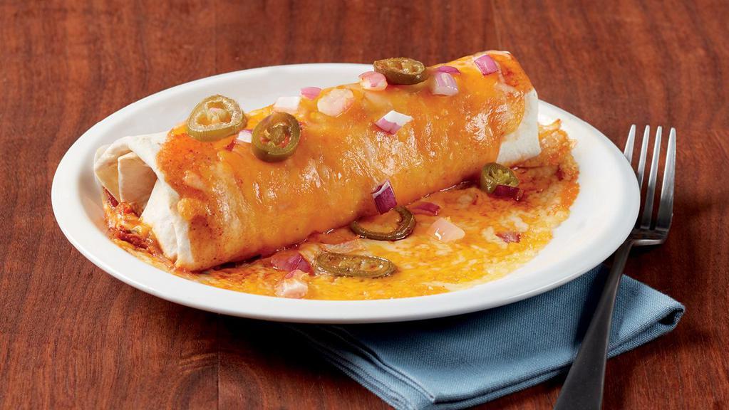 Beef Enchilada For 1 · One homemade beef enchilada topped with enchilada sauce, cheese, jalapenos and onions. (450 cal. each/890 cal.)