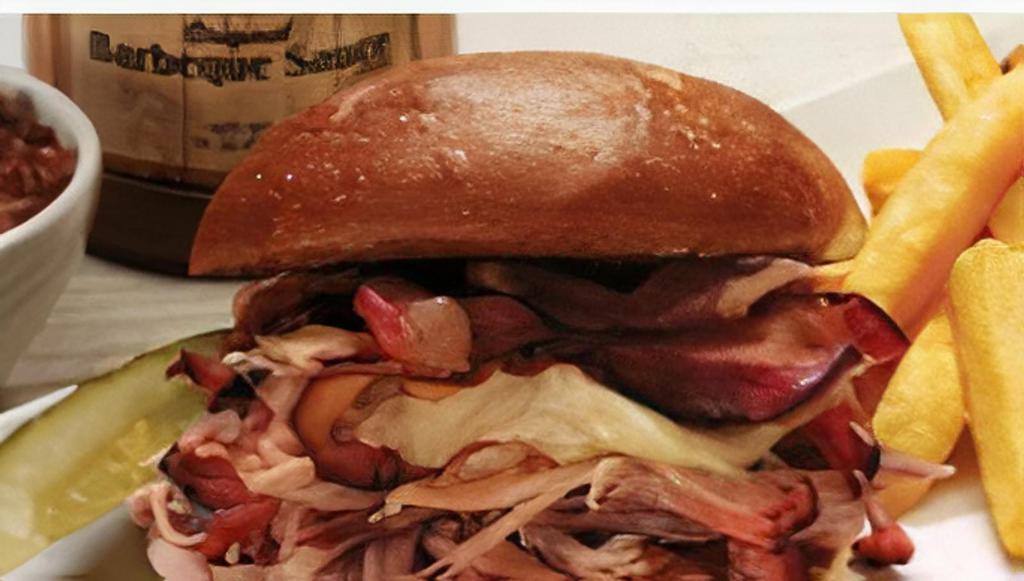 Hog Wild Sandwich · Juicy, tender ham and our famous pulled pork topped with melted provolone cheese and two strips of bacon on a toasted Roma bun.