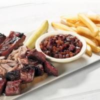 Pitmaster Platter · Pulled pork, ribs, and limited reserve burnt ends served over bread. Choice of one classic s...