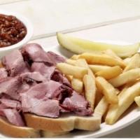 1 Meat Classic Plate · Sliced beef, ham, turkey, sausage, pork burnt ends, or pulled pork. Served over bread with y...