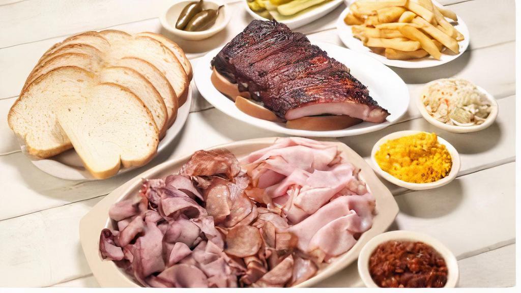 Meat Platter · Serves 4. 1/2 lb beef, 1/2 lb ham, 1/2 slab, and sliced sausage. Choice of 4 classic sides, sliced bread, peppers, pickles, and sauce.
