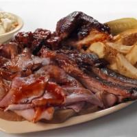 Variety Plate Specialty · Serves two. Choice of two sliced meats; beef, turkey, pulled pork or ham plus sliced sausage...
