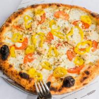 Lg Deep Mediterranean · fresh mozzarella, minced garlic, extra virgin olive oil, oregano, chicken, feta, roma tomato...