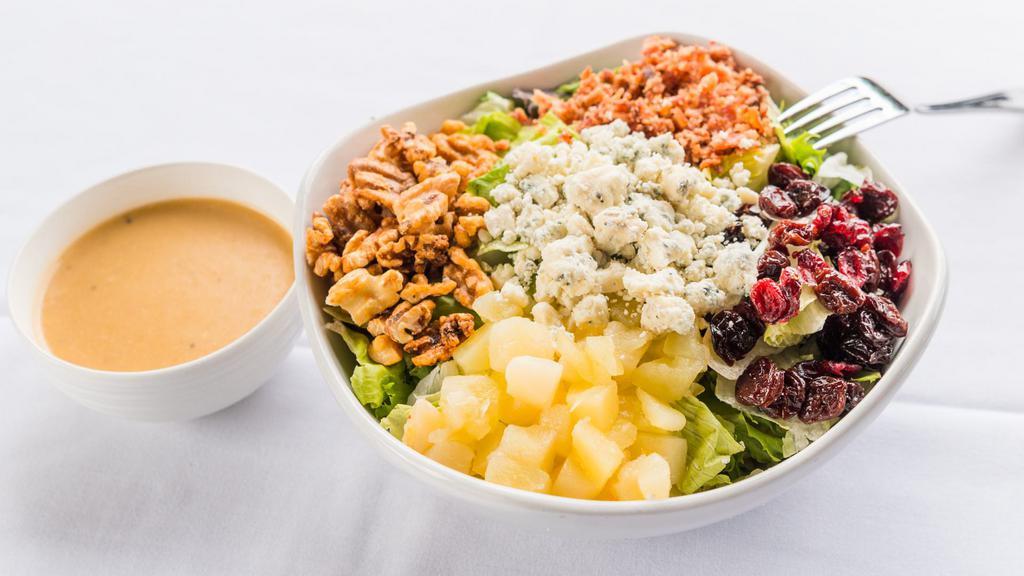Michigan Entree Salad · house blend lettuce, dried cherries & cranberries, poached  apples & pears, bleu cheese, candied walnuts, bacon, . with sherry vinaigrette.