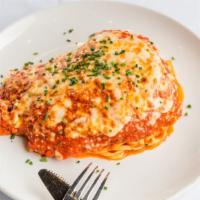 Chicken Parmesan · spaghetti with pesto, marinara, parmigiano reggiano.