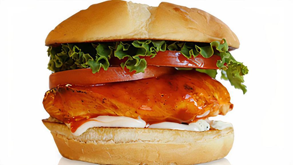 Buffalo Chicken · Chicken Sandwich with Lettuce, Tomato, Buffalo Sauce, Blue Cheese Crumbles, and Ranch Dressing