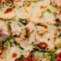 Gf Vegetarian Pizza · Green Pepper, Red Onion, Spinach, Mushrooms on a Gluten Free Crust.