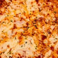 Gf Nashville Hot Chicken Pizza · Nashville Hot Sauce base with sliced grilled Chicken Breast, and Red Onion on a Gluten Free ...