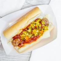Italian Sausage · Martino’s Italian sausage on a French roll. Add mozzarella, your choice of our homemade hot ...