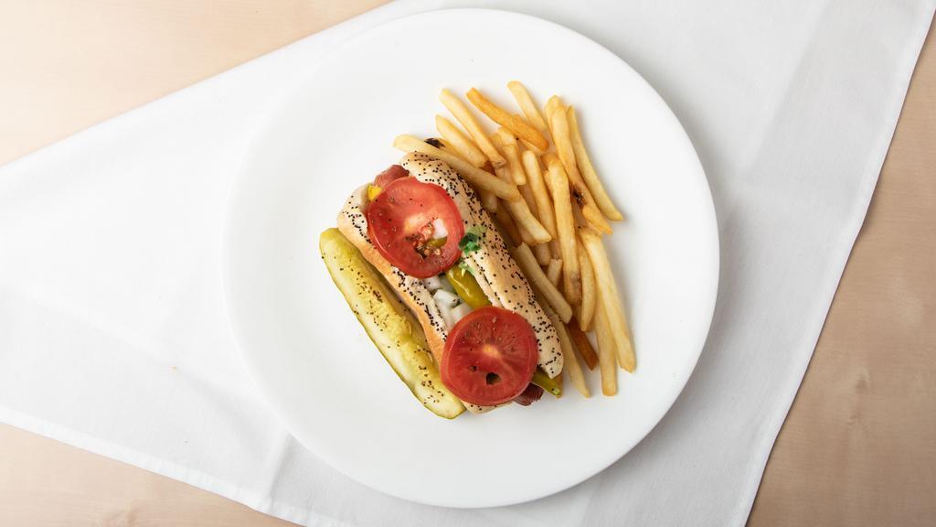 Chicago Style · Mustard, relish, onions, tomatoes, a pickle spear, sport peppers and a dash of celery seed. Every hotdog comes with a sampling of fries.