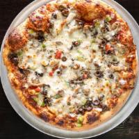 12″ Vegetarian Pizza · Mushrooms, green pepper, tomatoes, onions, and black olives, house pizza sauce and finished ...
