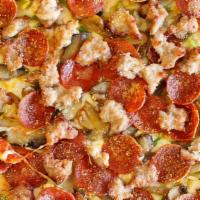 The Works · Tammy's Pizza Sauce, Wisconsin Cheese, Pepperoni, Special Blend Sausage, Onions, Green Peppe...