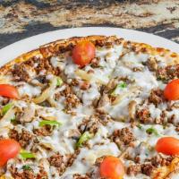 Meat Eater · Gluten-free. Ground beef, caramelized onions, serrano peppers, grape tomatoes, mushrooms & m...