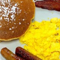 Sampler #1 · Two buttermilk pancakes, 2 eggs, 2 maple bacon, 2 maple sausage links