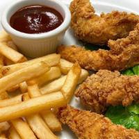 Chicken Tenders · Homemade breaded chicken tenders served with honey mustard or BBQ sauce. Choice of side.
