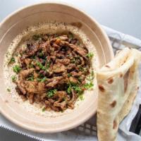 Steak Shawarma · comes with hummus on the base, 1.5 scoops of our steak shawarma that is marinated overnight ...