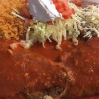 Chile Rellenos · 2 chile poblano peppers stuffed with cheese Lightly battered and topped with ranchero sauce ...