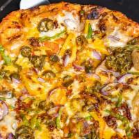 Small Mexican Pizza · Ground chorizo, mixed peppers, onions, jalapenos, cheddar & mozzarella cheese and our homema...