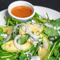Spinach Avocado & Feta Salad · Feta cheese, avocado, & shallots served over a bed of spinach. Served w/ a roasted red peppe...