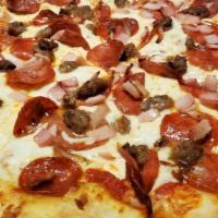 Large Meaty Kuzola Pizza · Pepperoni, sausage, and rasher bacon