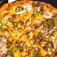 Large Mexican Pizza · Ground chorizo, mixed peppers, onions, jalapenos, cheddar & mozzarella cheese and our homema...