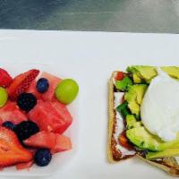 Cali Toast · Avocado, sunny up egg, cheese and tomatoes on brioche bread, cup of fruit or mixed greens wi...
