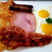 Avi'Ari Grande Breakfast · Three eggs, two sausage links, two bacon strips, ham, American fries or cup of fruit and toa...