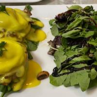 Florentine Benedict · Poached eggs, spinach, mushrooms, tomatoes, English muffin and hollandaise sauce.