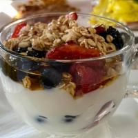 Yogurt Parfait · Vanilla yogurt, fresh fruit, granola and honey drizzle.