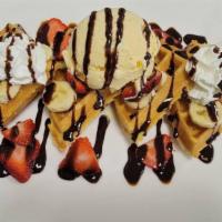 The Split Waffle · Strawberry, banana, ice cream, whipped cream and chocolate drizzle.