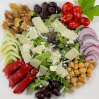 The Sicilian Salad · Mixed greens, roasted red peppers, walnuts, olives, cherry tomatoes, garbanzo beans, red oni...
