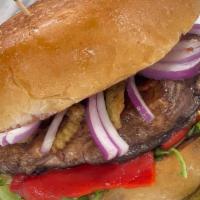 Ciao Bello Burger · Grilled portobello mushroom, onions, arugula, roasted red peppers, jalapeño straws and house...