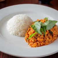Spicy Chicken · Spicy. Stir-fried ground chicken with hot peppers and basil leaves in a light sauce. Similar...
