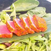 Pepper Tuna Tataki · Seared pepper tuna with spicy ponzu sauce