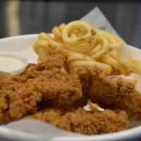 Chicken Strips · Served your choice of dressing and curly fries.