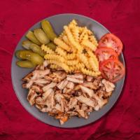 Chicken Shawarma Dinner · Slowly roasted chicken shavings topped with fresh herbs. Served with rice or fries and soup ...