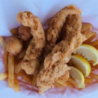 Chicken Tenders · Served with catch fries and drink.