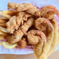 Shrimp, Catfish & Chicken Tenders · 3 Jumbo Shrimp, 1 Catfish Fillet & 3 Chicken Tenders