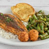 Grilled Catfish · 2 Fillets - Served with Rice, Garlic Bread & Hush Puppies + Choice of One Side