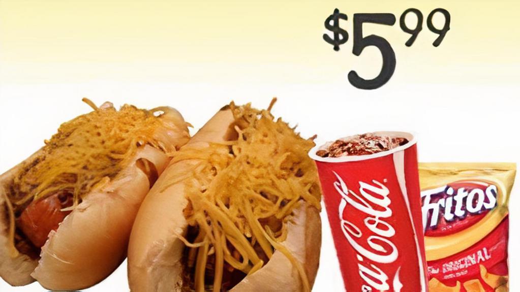 Spicy Dog · 2 Coney's with chili and our Habanero Cheese.  Includes Lay's Potato Chips and a drink