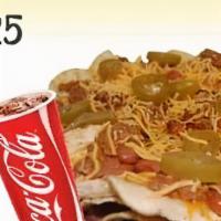 Grilled Chicken Nachos · Tortilla chips covered with chili, cheese and topped with grilled chicken. Includes a drink.