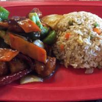 General Tso'S Chicken · Spicy. Lightly breaded white meat chicken with broccoli, green pepper, onion, carrot, dried ...